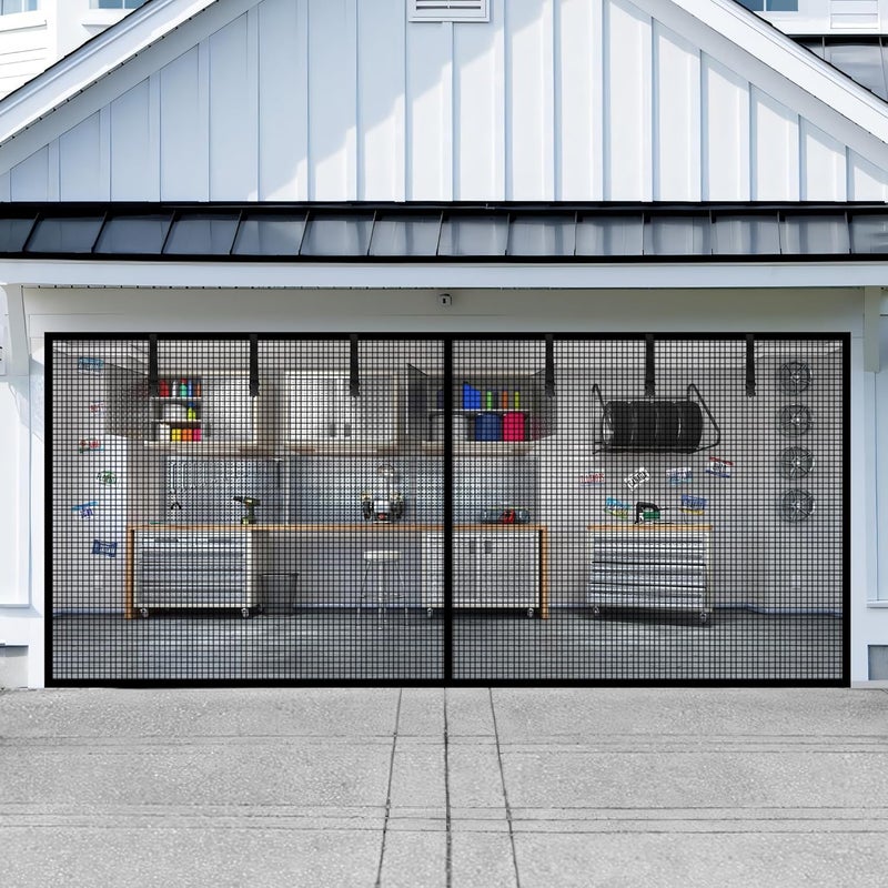 LIAMST Garage Door Screen for 2 Car Garage-18x8FT Magnetic Garage Door Screen with 6 Roll Up Starps for Patio, Outdoor Black - Image 1